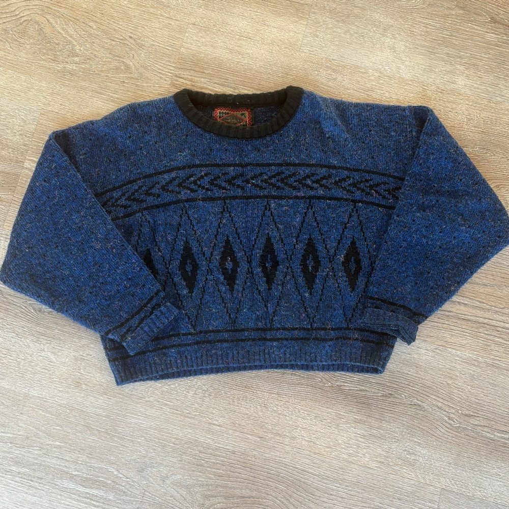 Vintage 90s Cherokee Sweater Small Blue Black Geometric Knit‎ USA Made Oversized